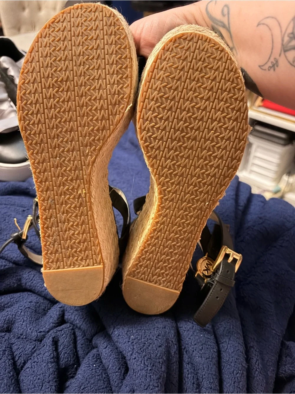 Michael Kors Black and Gold Espadrille Wedge Sandals